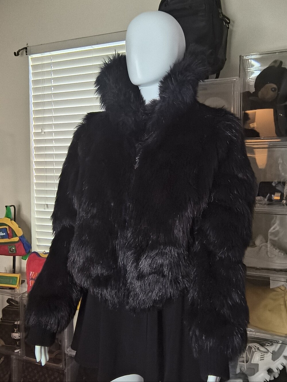 Vintage Baby Phat Black And Blue Faux Fur Jacket Cat Charm Y2K Size L